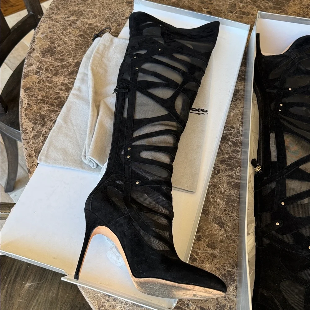 Brian Atwood black suede mesh thigh high over knee OTK boot zipper sz 38.5
